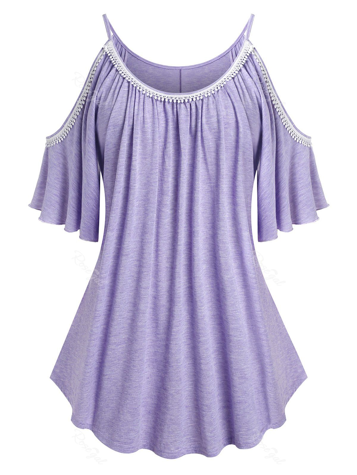 T-shirt Curve à Epaulde Dénudée à Manches Bouffantes de Grande Taille Violet clair 4X