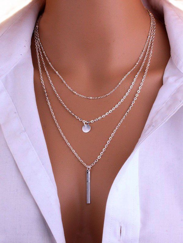 Online Round Bar Charm Layered Chain Necklace  