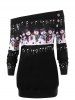 Sweatshirt avec Épaule Dénudée Motif Bonhomme de Neige de Noël Grande Taille - Noir 3XL