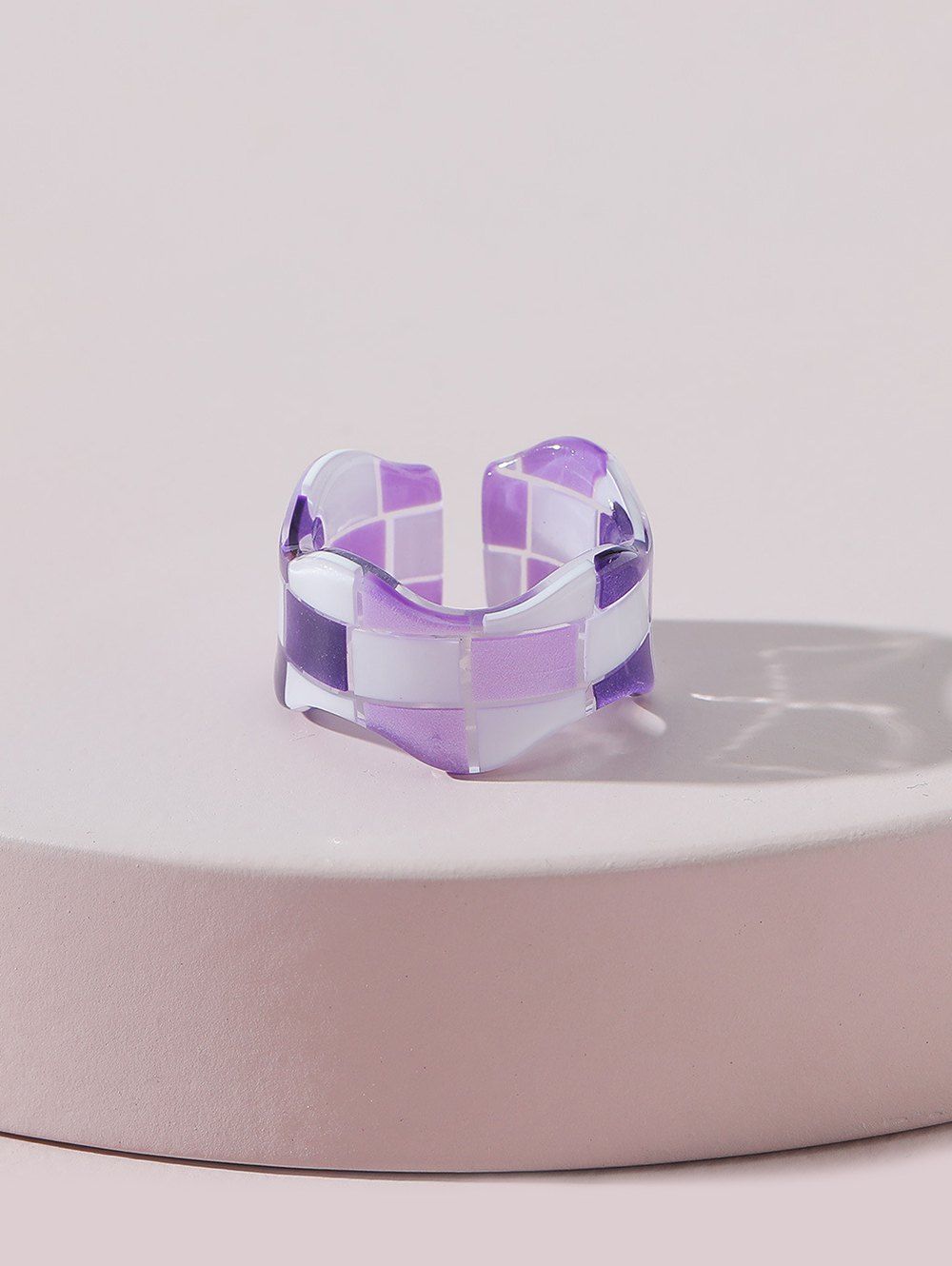 Fancy Resin Checkered Wavy Wide Open Ring  