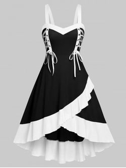Plus Size Lace Up Colorblock Tulip Dress - BLACK - 3X
