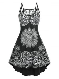 Plus Size Lace Panel Bohemian Print High Low Dress - BLACK - L