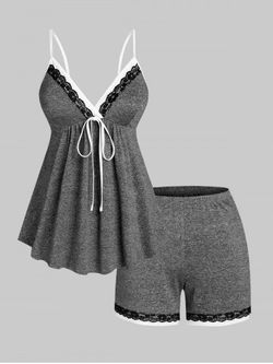 Plus Size Lace Insert Space Dye PJ Cami and Shorts Set - GRAY - 1X