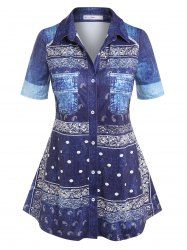 Plus Size 3D Denim Print Button Up Shirt -  