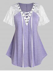 T-shirt Côtelé Courbe à Manches de Cloche Grande Taille à Lacets - Violet clair 1X