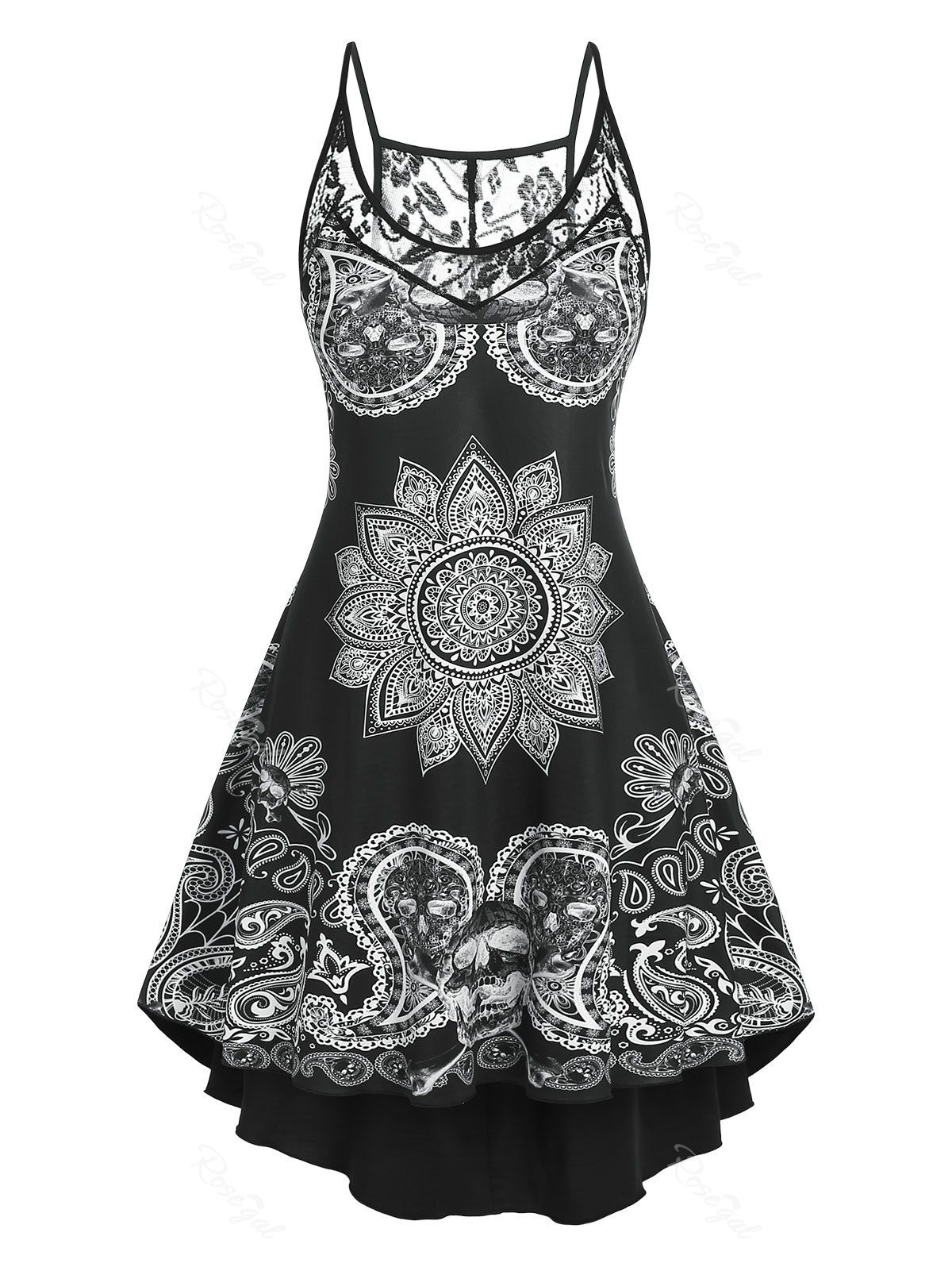 Fashion Plus Size Lace Panel Bohemian Print High Low Dress  