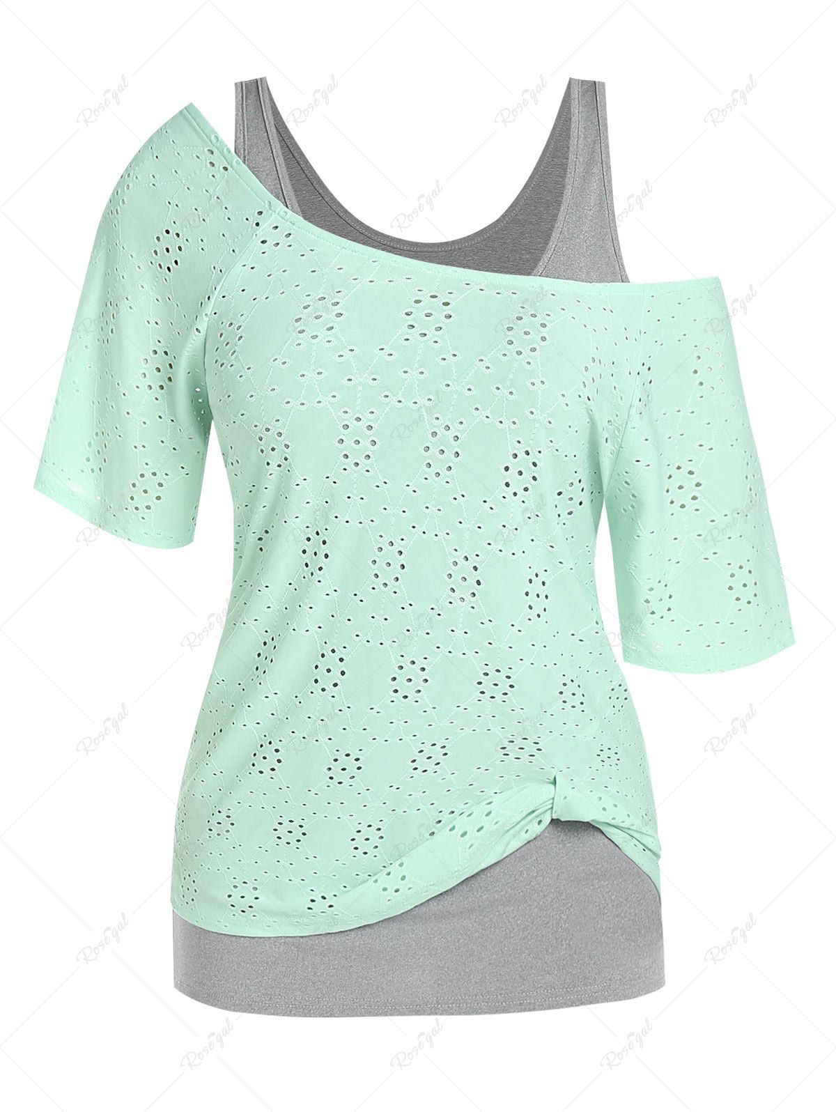 Outfits Plus Size & Curve Skew Collar Eyelet T-shirt and Tank Top Set  