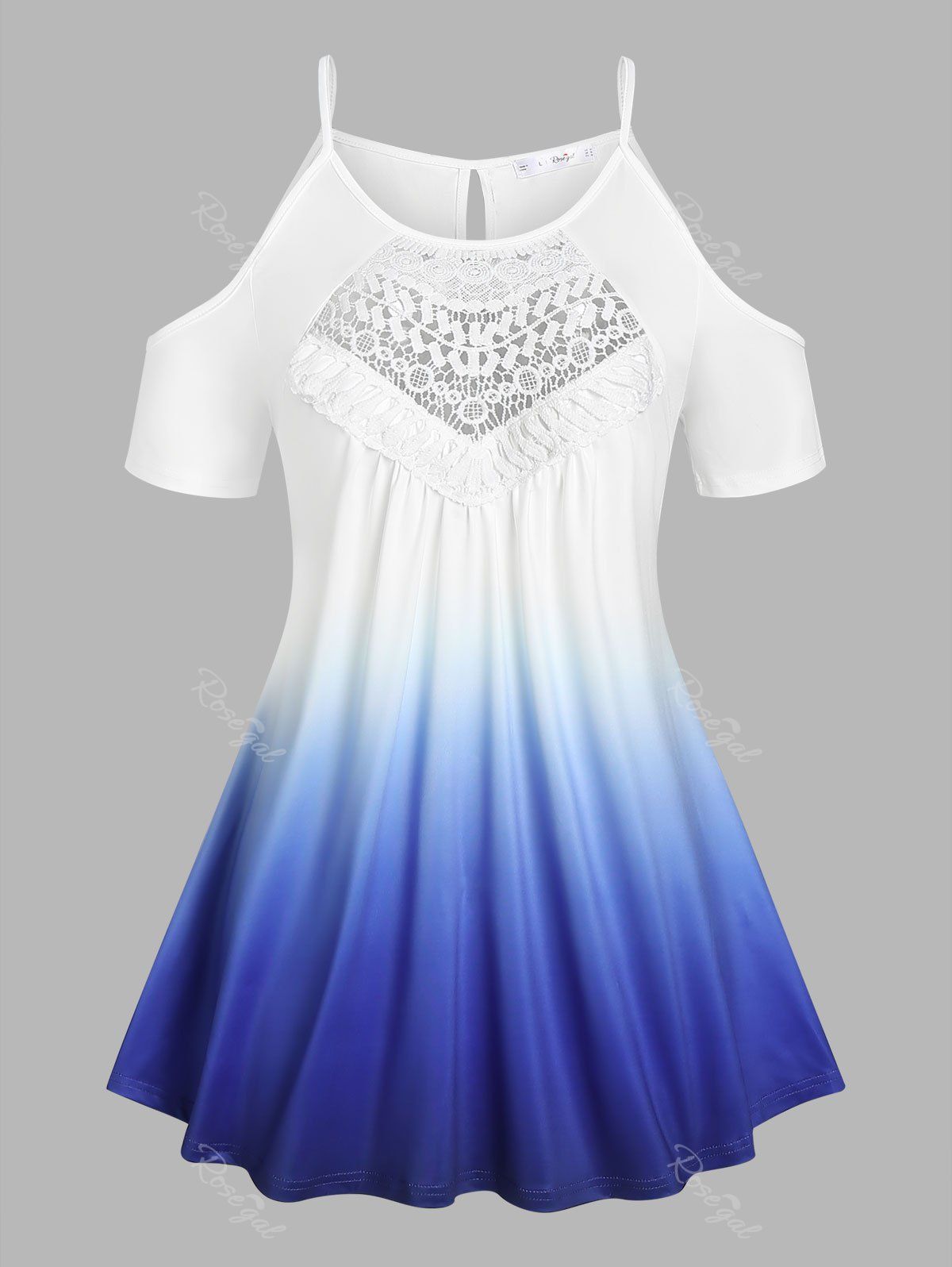 T-shirt Curve Panneau en Dentelle en Couleur Ombrée à Epaule Dénudée Grande Taille Bleu 5X