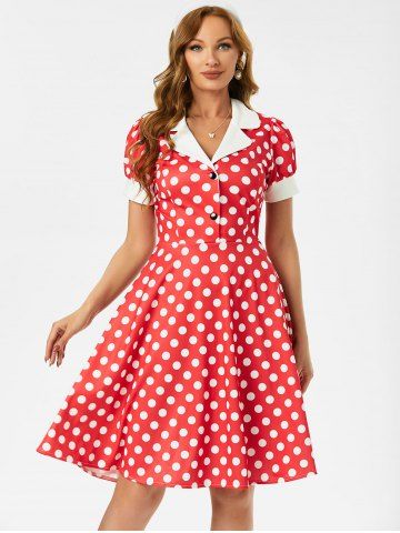 Mock Button Polka Dot Lapel Dress - RED - XL