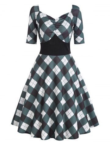 Ruched Plaid Empire Waist Dress - DEEP GREEN - L