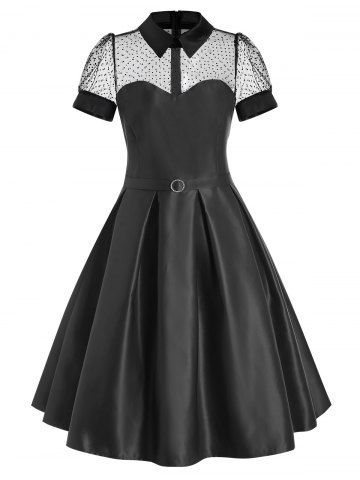 Mesh Panel Belted Prom Dress - BLACK - M