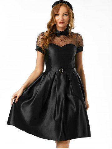 Mesh Panel Belted Prom Dress