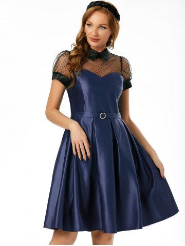 Mesh Panel Belted Prom Dress
