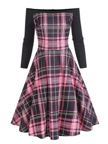 Off Shoulder Plaid Flared Dress - LIGHT PINK - 2XL