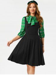 Plaid Panel Pussy Bow Dress -  