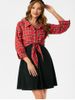 Plaid Front Tie Top And Sleeveless Dress Set -  
