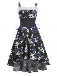 Lace Up Floral Print Faux Fur Insert High Low Dress -  