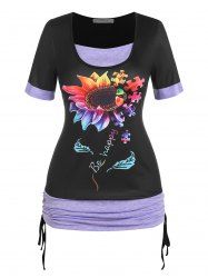 Plus Size Sunflower Print Cinched Ruched Contrast Tee -  