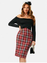 Mock Button Plaid Off Shoulder Pencil Dress -  