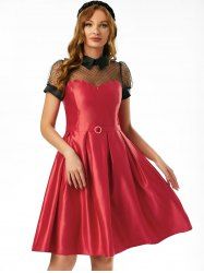 Mesh Panel Belted Prom Dress -  