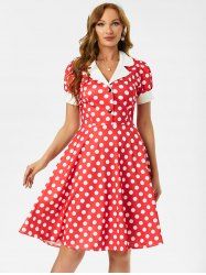 Mock Button Polka Dot Lapel Dress -  