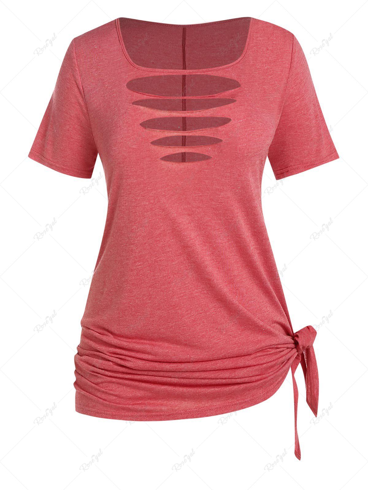 T-shirt Déchiré Découpé Plissé à Côté Noué de Grande Taille Rose clair 
