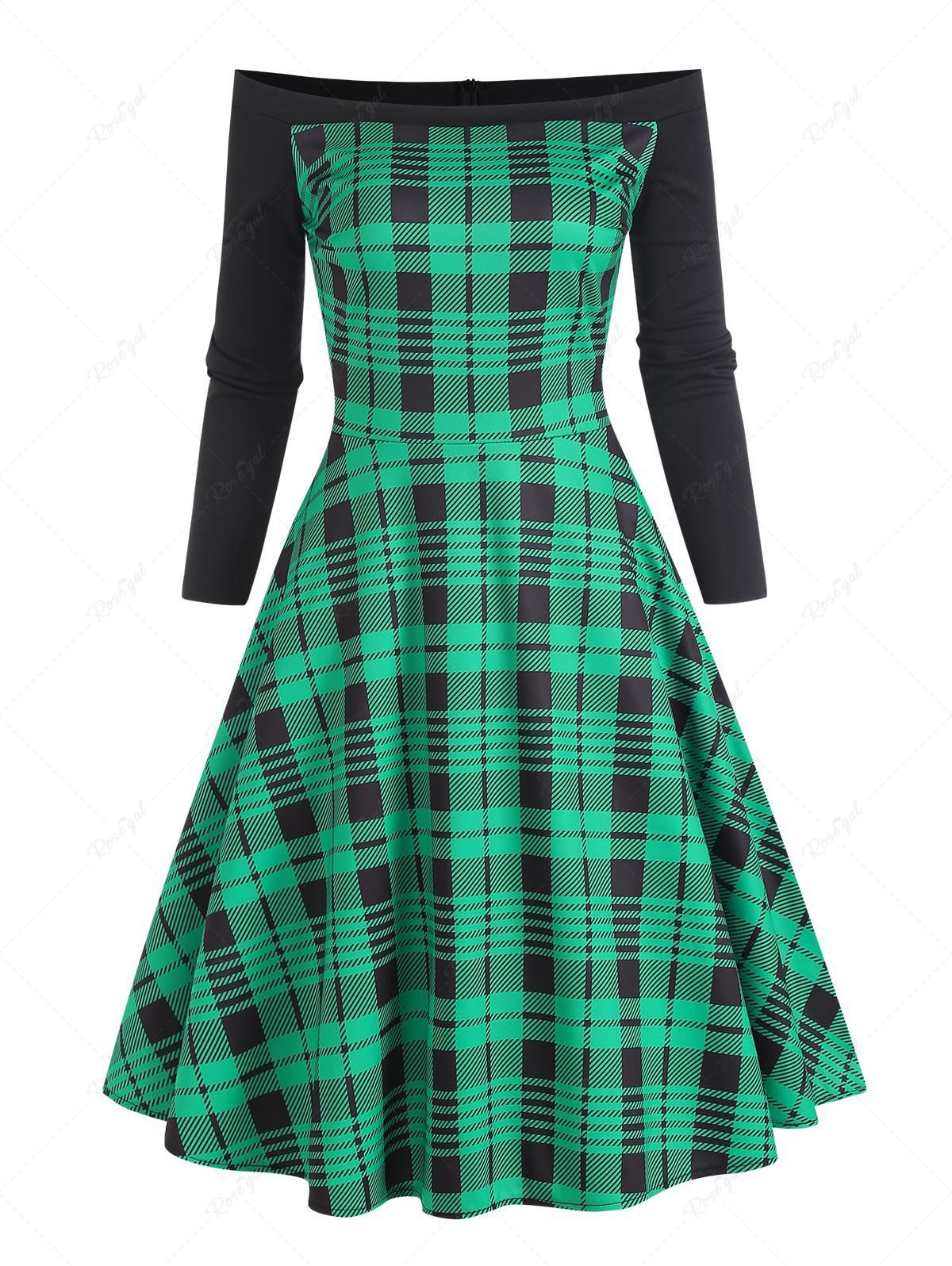 Outfits Off Shoulder Plaid Flared Dress  