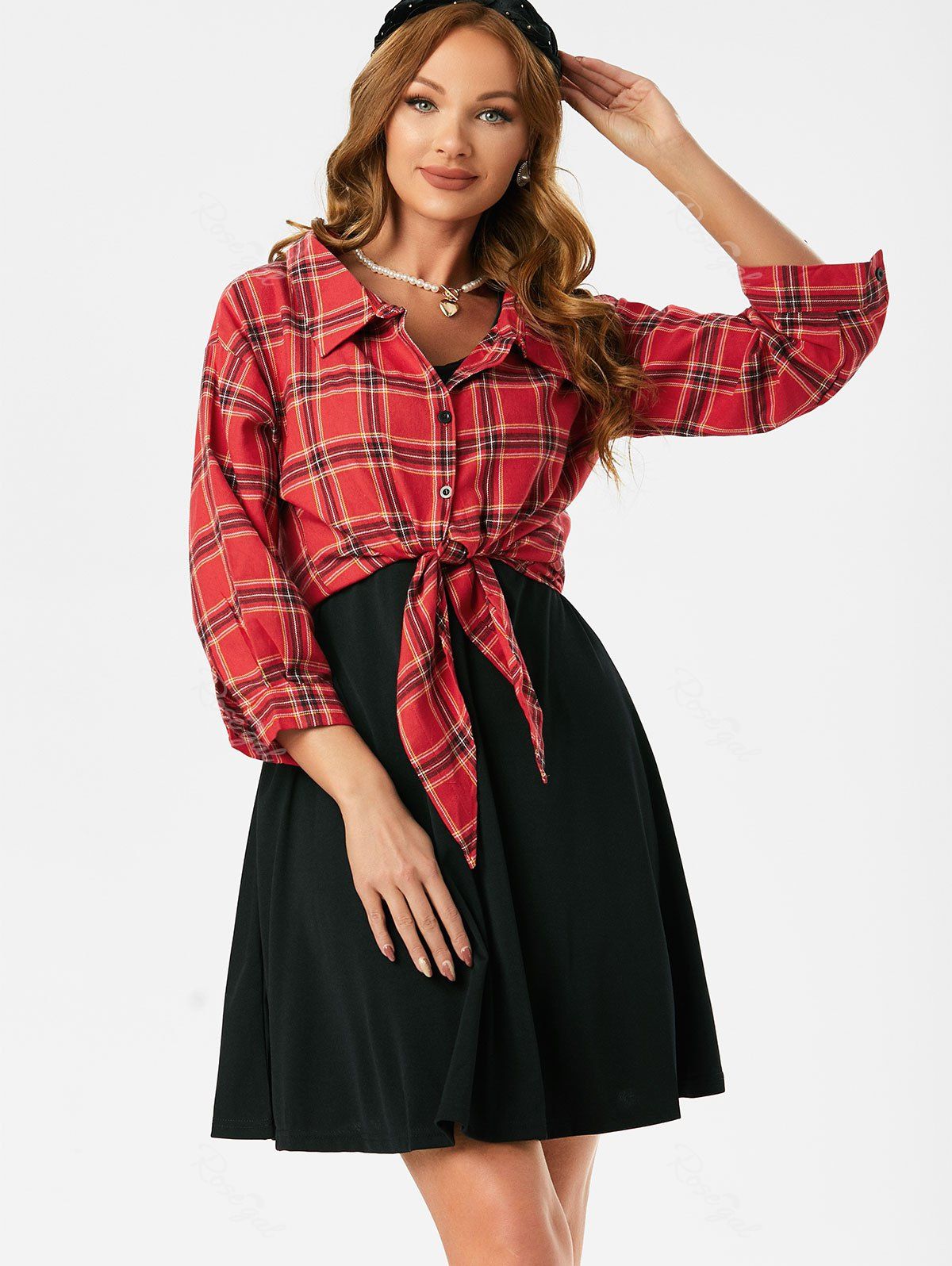 Latest Plaid Front Tie Top And Sleeveless Dress Set  