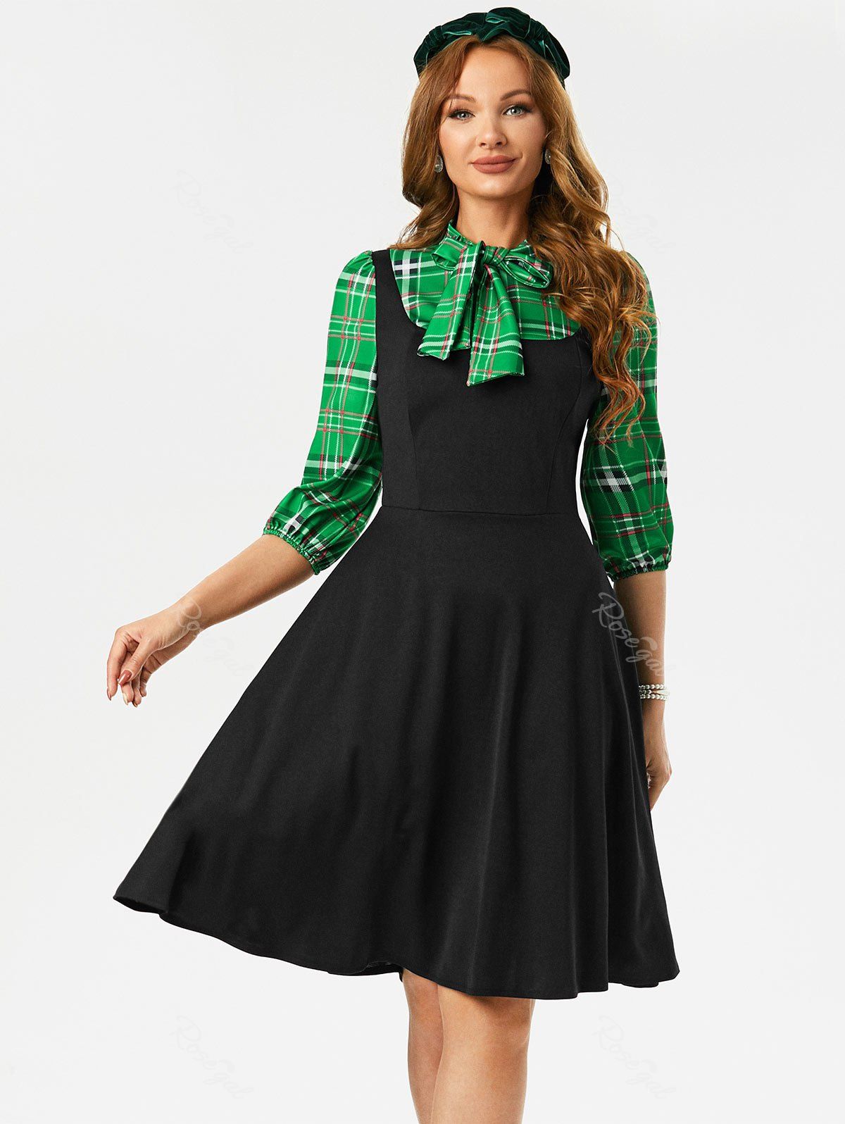 Affordable Plaid Panel Pussy Bow Dress  