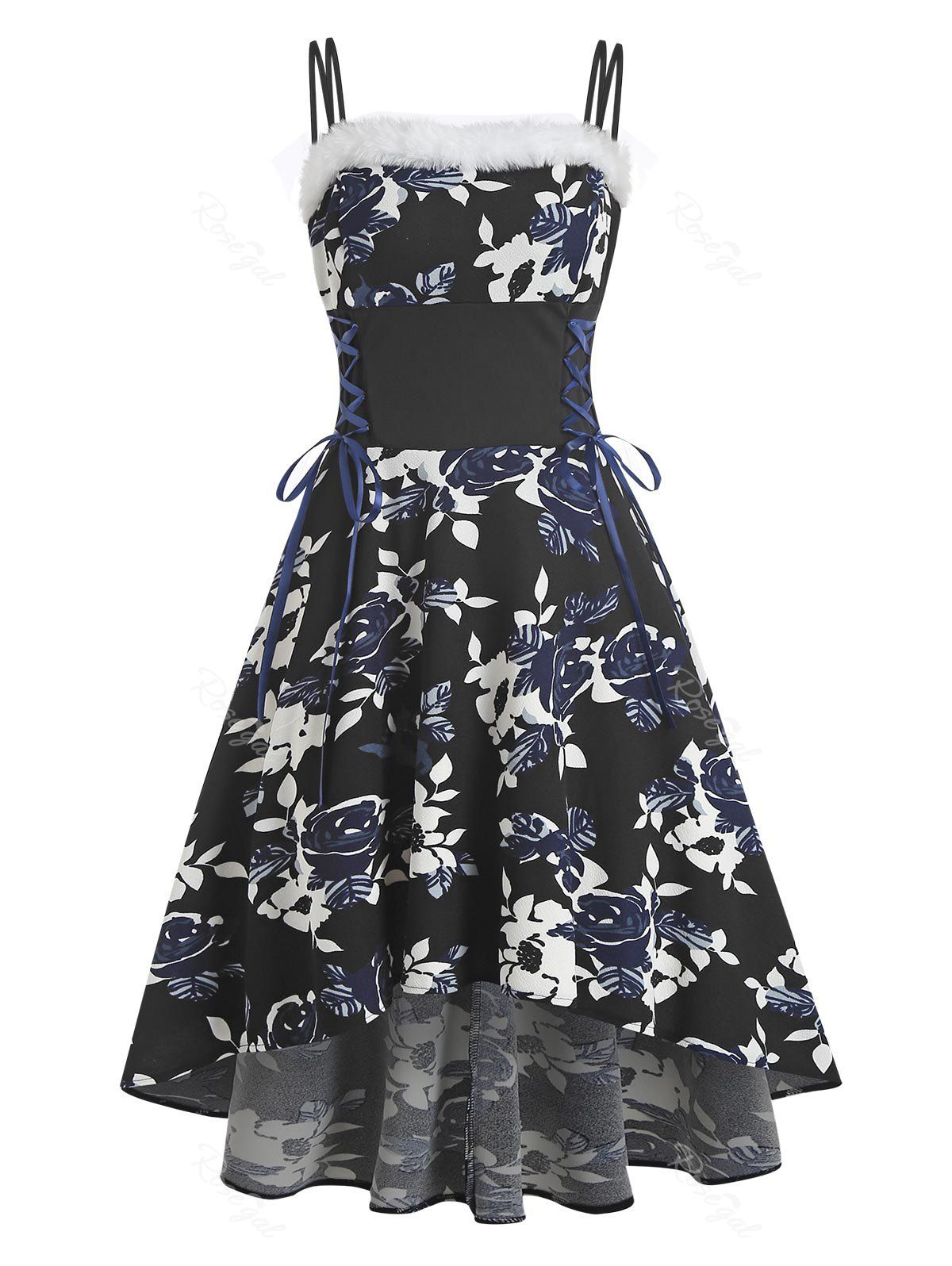 Discount Lace Up Floral Print Faux Fur Insert High Low Dress  