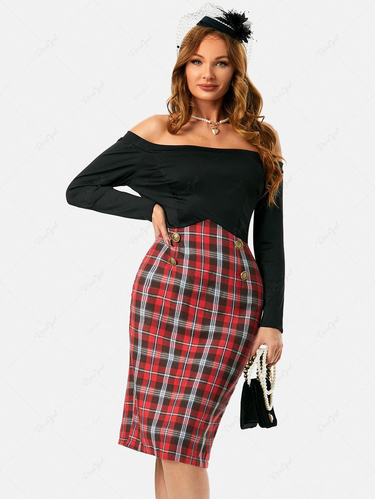 Outfits Mock Button Plaid Off Shoulder Pencil Dress  