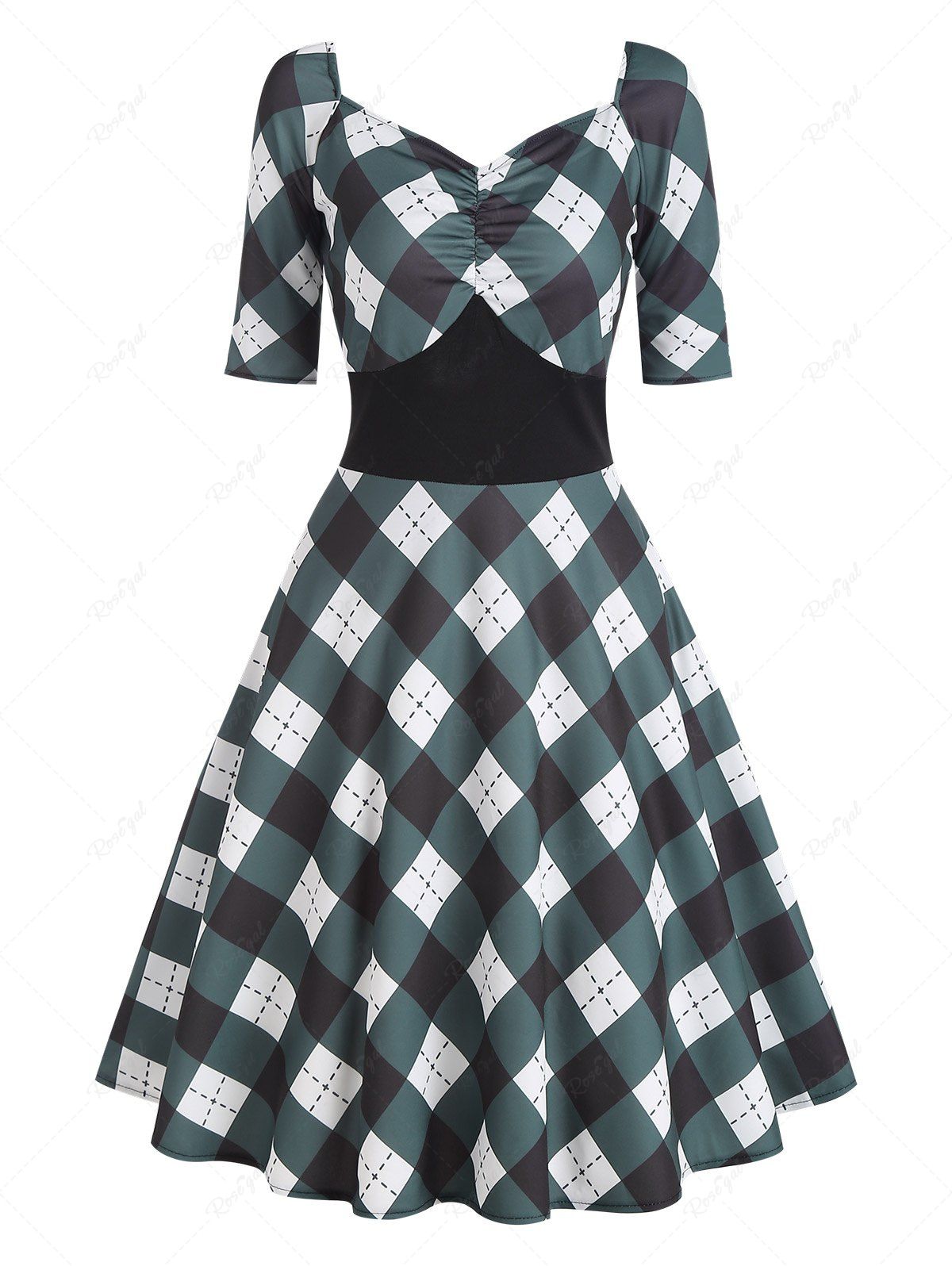 Shops Ruched Plaid Empire Waist Dress  