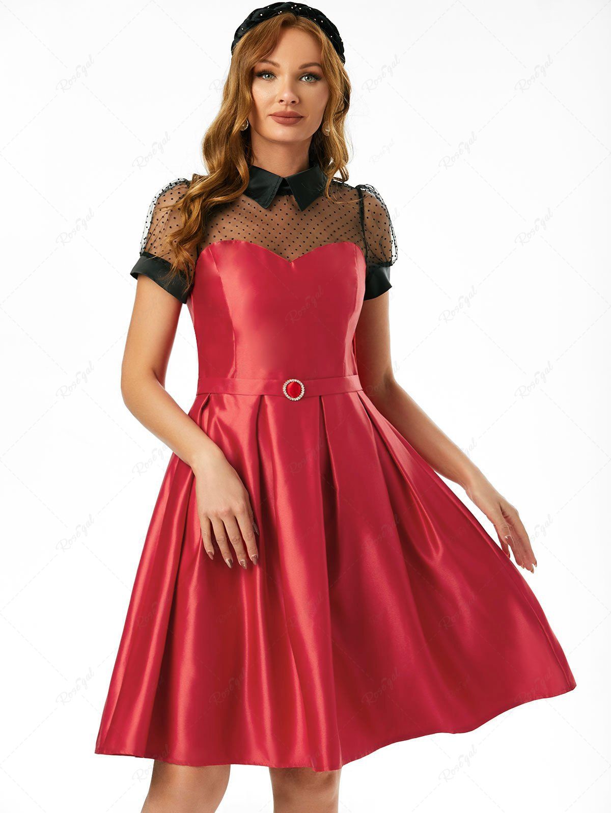 Robe de Bal Ceinturée Panneau en Maille Rouge L