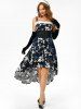 Lace Up Floral Print Faux Fur Insert High Low Dress -  