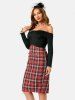Mock Button Plaid Off Shoulder Pencil Dress -  