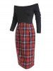 Mock Button Plaid Off Shoulder Pencil Dress -  