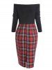 Mock Button Plaid Off Shoulder Pencil Dress -  