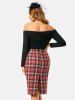 Mock Button Plaid Off Shoulder Pencil Dress -  