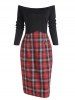 Mock Button Plaid Off Shoulder Pencil Dress -  