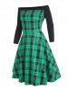 Off Shoulder Plaid Flared Dress -  