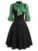Plaid Panel Pussy Bow Dress -  