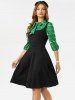 Plaid Panel Pussy Bow Dress -  