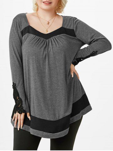 Plus Size Lace Crochet Colorblock Irregular T-shirt - GRAY - 4X