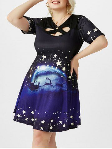 Plus Size Elk Moon Print Cutout Crossover Christmas Dress - BLACK - 1X