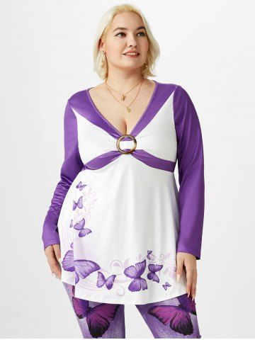 Plus Size O Ring Butterfly Print Colorblock T-shirt