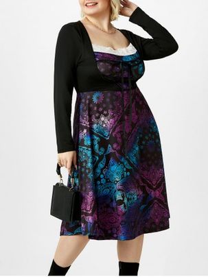 Plus Size Ombre Paisley Scarf Print Lace Insert Lace-up Midi Dress