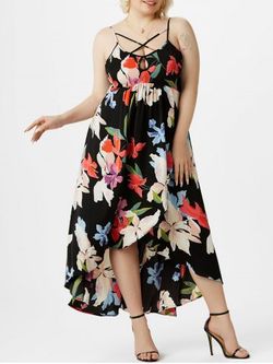 Plus Size Flower Print Keyhole Criss Cross Tulip Dress - BLACK - 5X