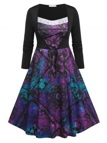 Plus Size Ombre Paisley Scarf Print Lace Insert Lace-up Midi Dress - BLACK - 1X