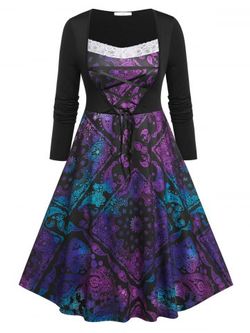 Plus Size Ombre Paisley Scarf Print Lace Insert Lace-up Midi Dress - BLACK - 5X