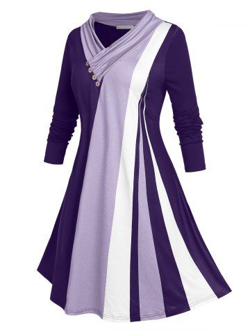 Plus Size Colorblock Shawl Collar Tee